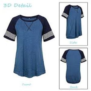 NWT  Women's Color Block Round Neck Tops Casual Short Sleeve Stripe Shirt